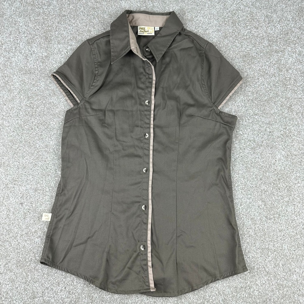 Y2k SHE Safari Womens Small Brown Cotton Short Sleeve Button Up Utility Shirt